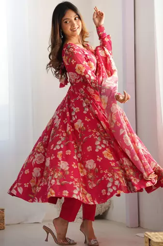 pink pure organza silk printed anarkali set