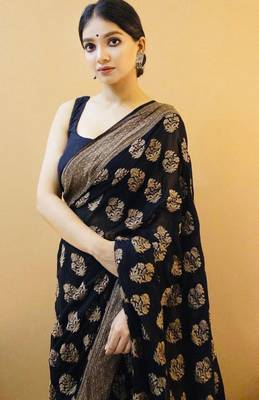 Black silk blend banarasi saree with unstitched blouse piece 4
