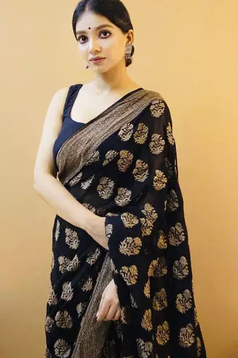 Black silk blend banarasi saree with unstitched blouse piece