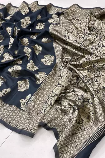 Black silk blend banarasi saree with unstitched blouse piece