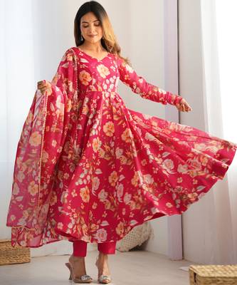 pink pure organza silk printed anarkali set 1