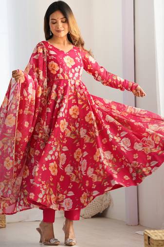 pure soft organja silk fully flair kali and canvas patta with duppta set ,pent ready to wear