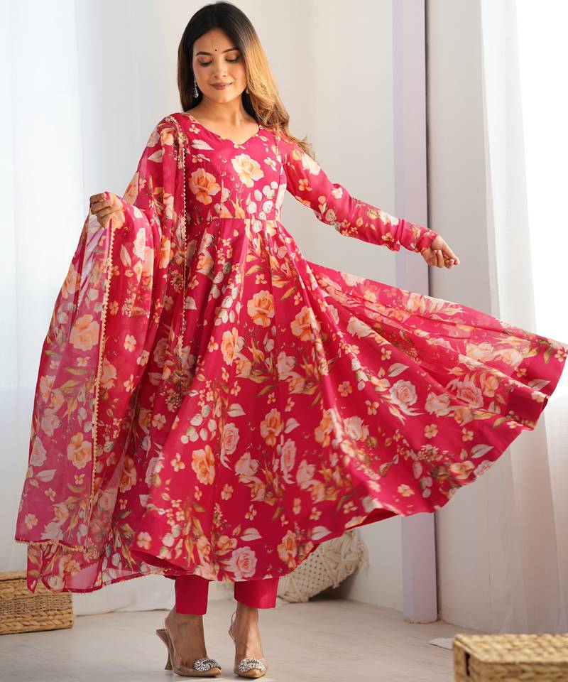 pure soft organja silk fully flair kali and canvas patta with duppta set ,pent ready to wear