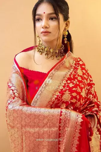 Red soft silk blend banarasi jacuard work designer party wear saree with unstitched blouse piece