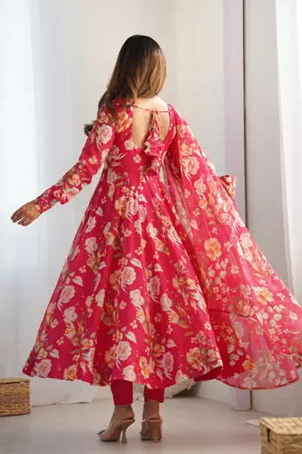 pink pure organza silk printed anarkali set