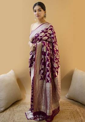 Wine silk blend banarasi saree with unstitched blouse piece 1