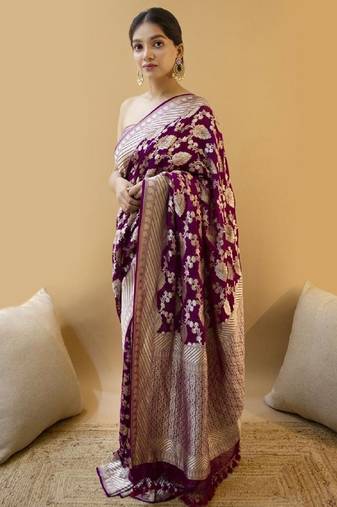 Wine soft silk blend banarasi jacuard work designer party wear saree with unstitched blouse piece
