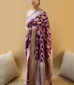Wine soft silk blend banarasi jacuard work designer party wear saree with unstitched blouse piece
