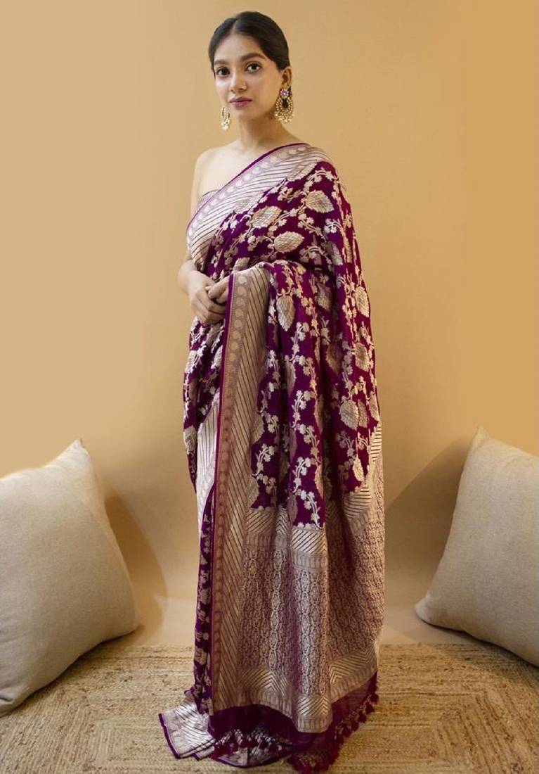 Wine soft silk blend banarasi jacuard work designer party wear saree with unstitched blouse piece