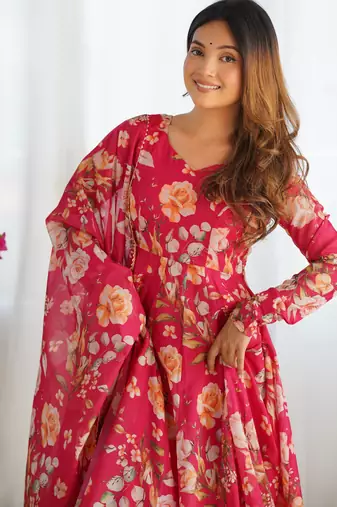 pink pure organza silk printed anarkali set