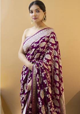 Wine silk blend banarasi saree with unstitched blouse piece 2