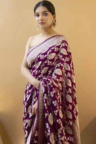 Wine silk blend banarasi saree with unstitched blouse piece