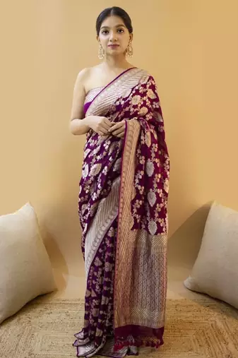 Wine silk blend banarasi saree with unstitched blouse piece