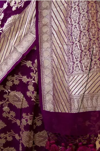 Wine silk blend banarasi saree with unstitched blouse piece