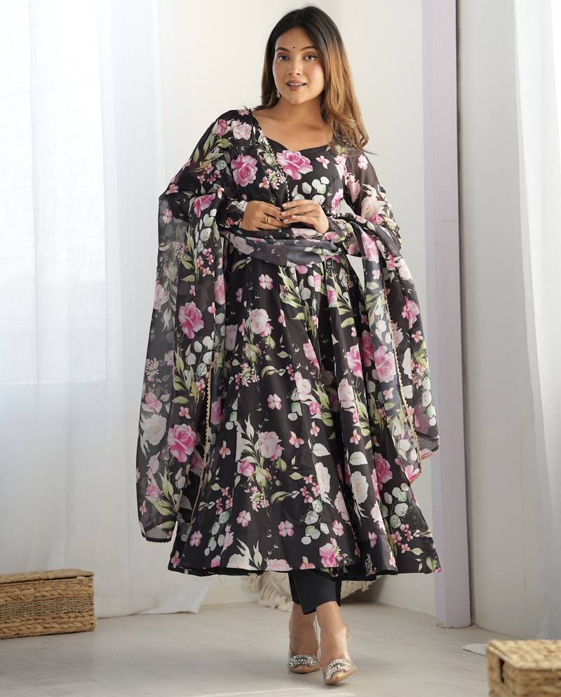 pure soft organja silk fully flair kali and canvas patta with duppta set ,pent ready to wear