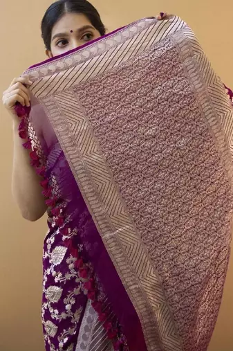 Wine silk blend banarasi saree with unstitched blouse piece