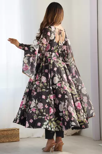 black pure organza silk printed anarkali set