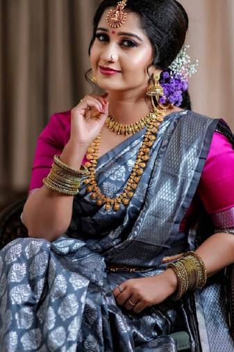 Grey soft silk blend banarasi jacuard work designer party wear saree with unstitched blouse piece