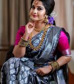 Grey silk blend banarasi saree with unstitched blouse piece