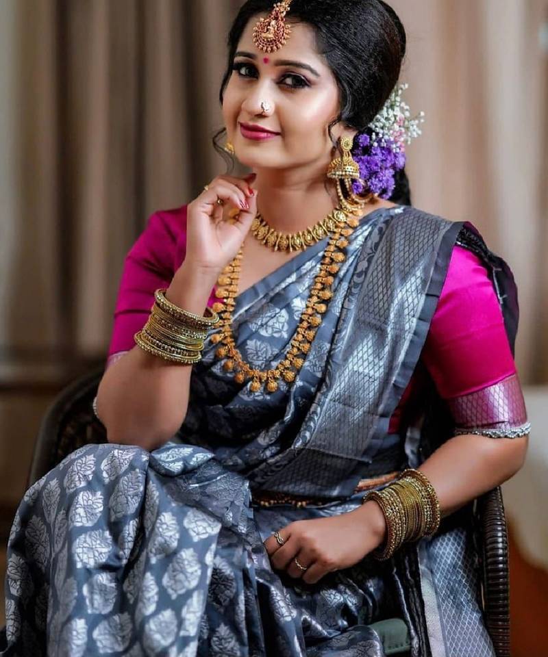 Grey soft silk blend banarasi jacuard work designer party wear saree with unstitched blouse piece