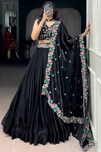 Classy Black Thread Work Organza Festive Wear Lehenga Choli