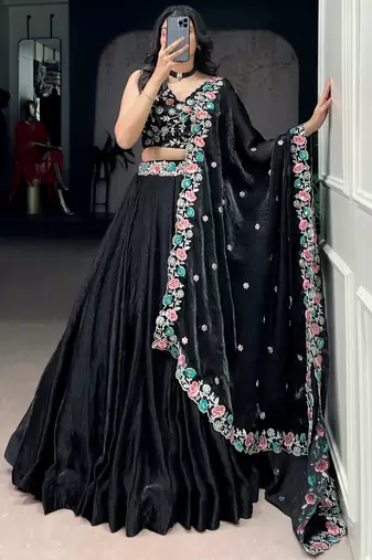 Classy Black Thread Work Organza Festive Wear Lehenga Choli