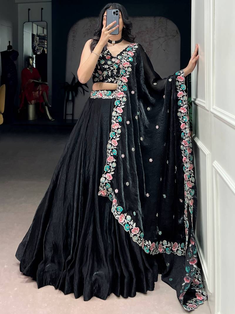 Classy Black Thread Work Organza Festive Wear Lehenga Choli