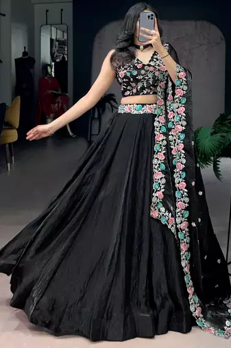 Classy Black Thread Work Organza Festive Wear Lehenga Choli