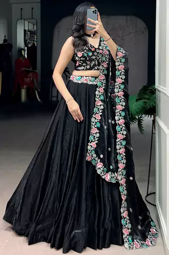 Classy Black Thread Work Organza Festive Wear Lehenga Choli