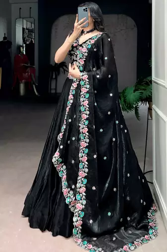 Classy Black Thread Work Organza Festive Wear Lehenga Choli