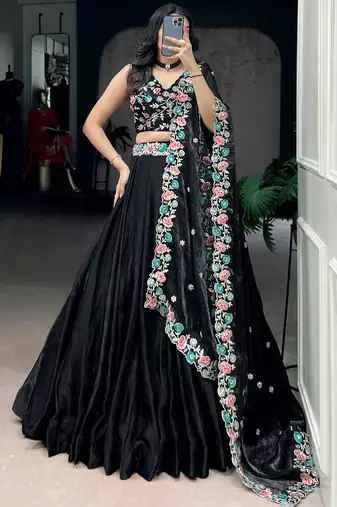 Classy Black Thread Work Organza Festive Wear Lehenga Choli
