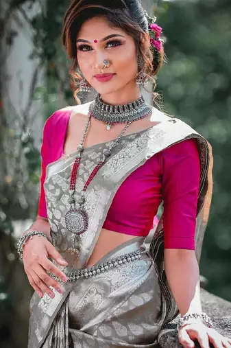 Grey soft silk blend banarasi jacuard work designer party wear saree with unstitched blouse piece