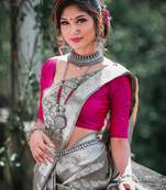 Grey silk blend banarasi saree with unstitched blouse piece