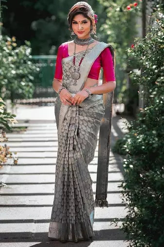 Grey silk blend banarasi saree with unstitched blouse piece