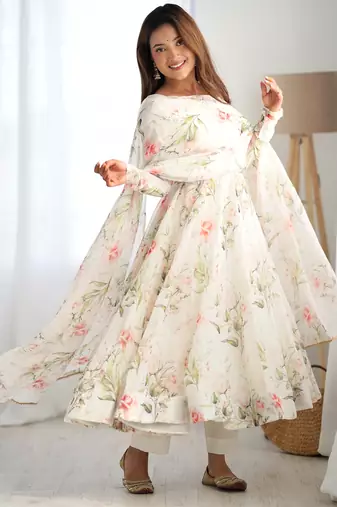 pure soft organja silk fully flair kali and canvas patta with duppta set ,pent ready to wear