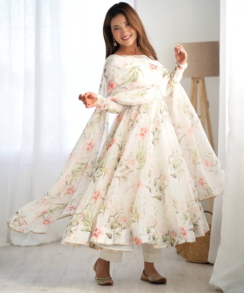 pure soft organja silk fully flair kali and canvas patta with duppta set ,pent ready to wear