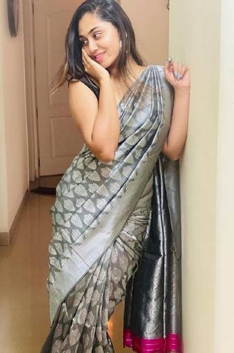 Grey soft silk blend banarasi jacuard work designer party wear saree with unstitched blouse piece