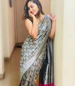 Grey silk blend banarasi saree with unstitched blouse piece