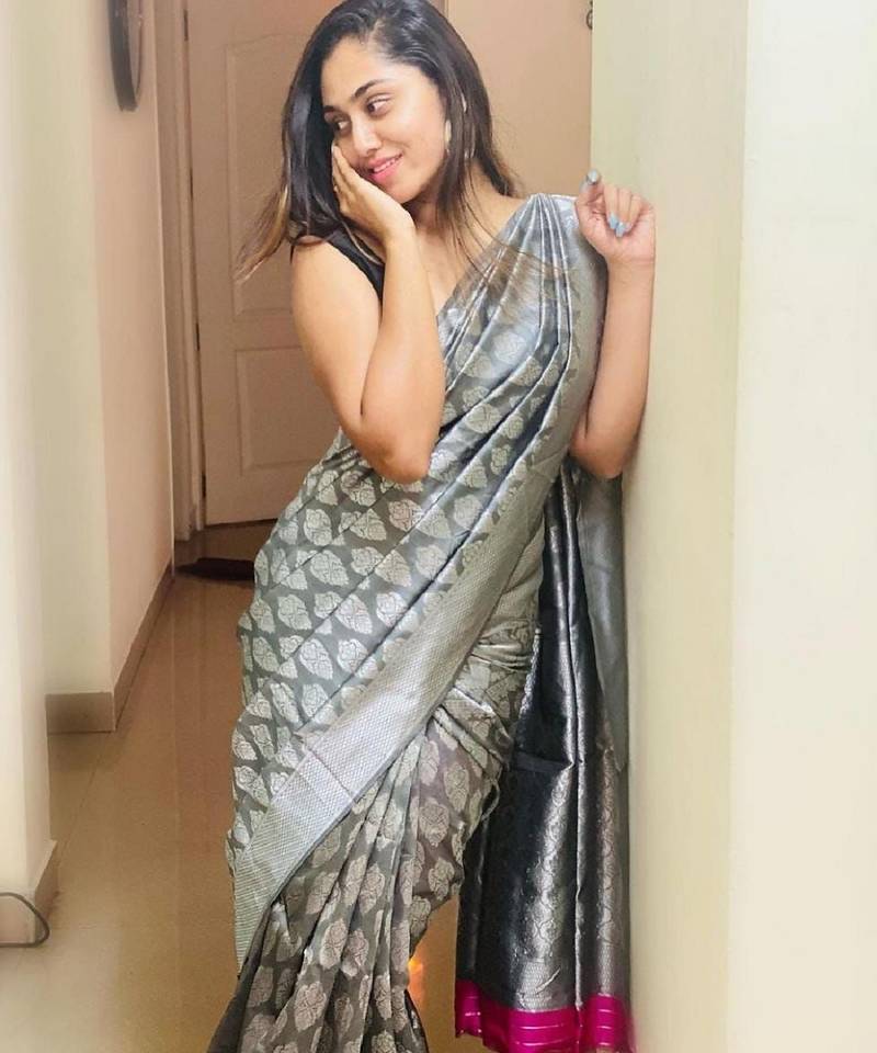 Grey soft silk blend banarasi jacuard work designer party wear saree with unstitched blouse piece