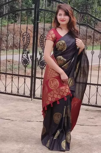 Black red soft silk blend banarasi jacuard work designer party wear saree with unstitched blouse piece