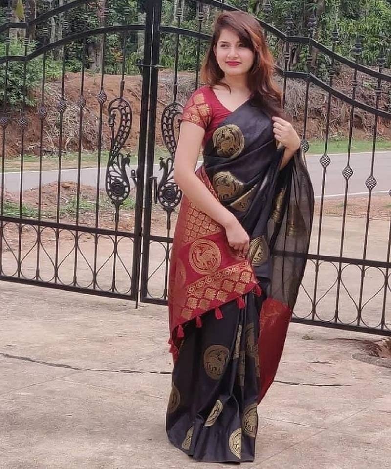 Black red soft silk blend banarasi jacuard work designer party wear saree with unstitched blouse piece