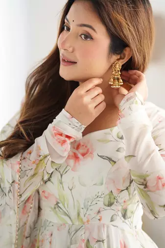 off white pure organza silk printed anarkali set