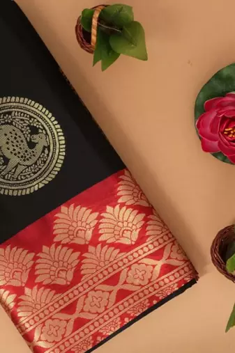 Black red silk blend banarasi saree with unstitched blouse piece