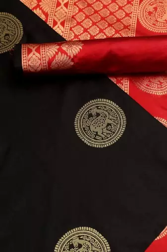 Black red silk blend banarasi saree with unstitched blouse piece