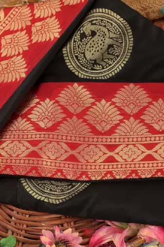Black red silk blend banarasi saree with unstitched blouse piece