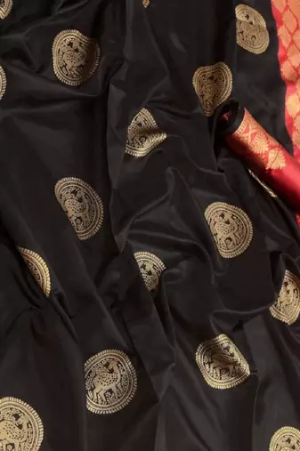 Black red silk blend banarasi saree with unstitched blouse piece