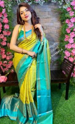 Yellow rama silk blend banarasi saree with unstitched blouse piece 1