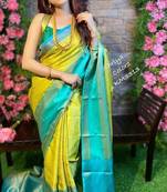 Yellow rama silk blend banarasi saree with unstitched blouse piece