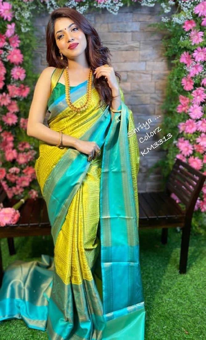 Yellow rama soft silk blend banarasi jacuard work designer party wear saree with unstitched blouse piece