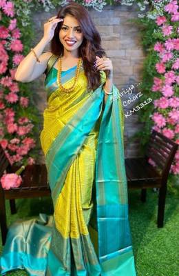 Yellow rama silk blend banarasi saree with unstitched blouse piece 2
